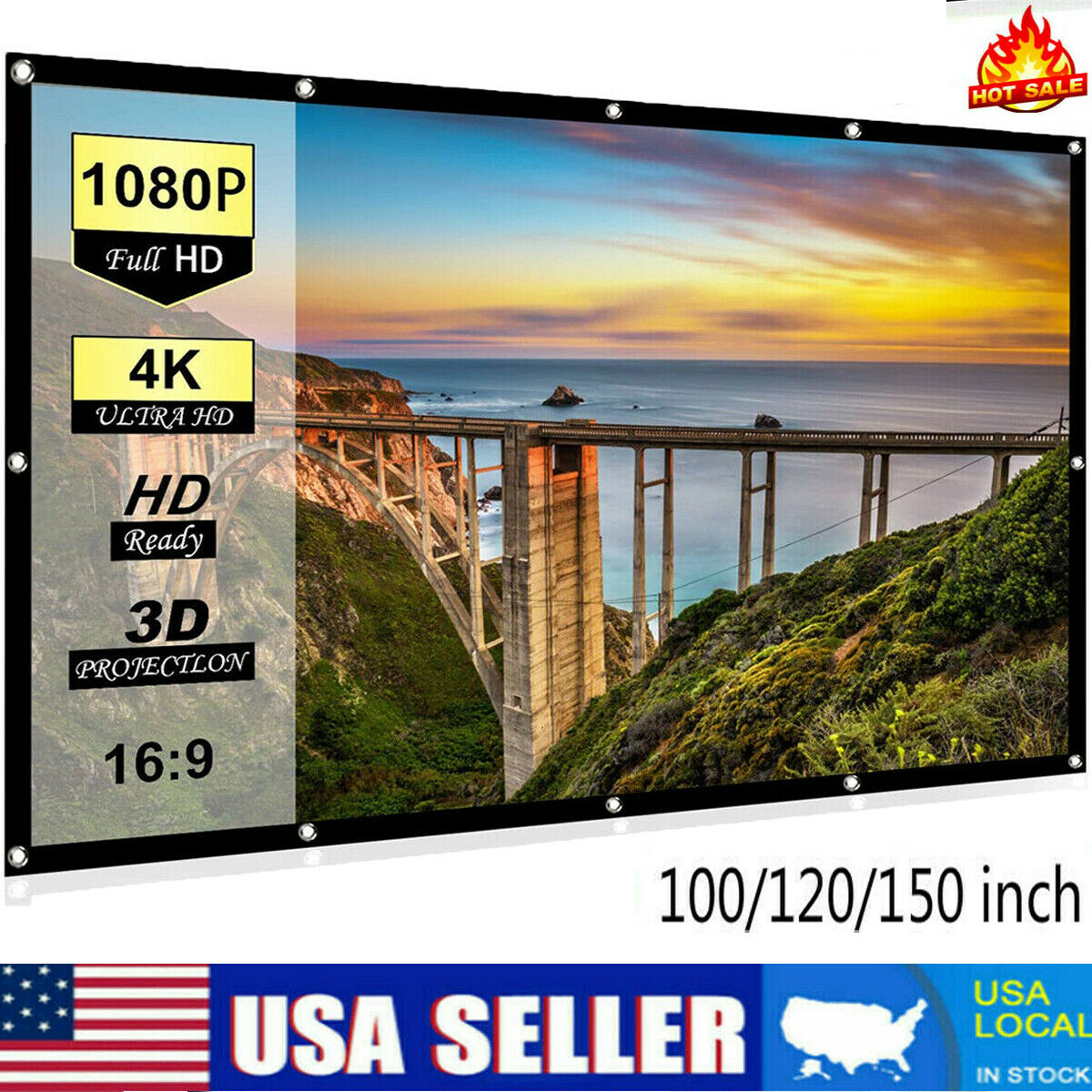 100"-150" Thick Hd Projector Screen 16:9 Home 4k Movie Theater Opaque Foldable