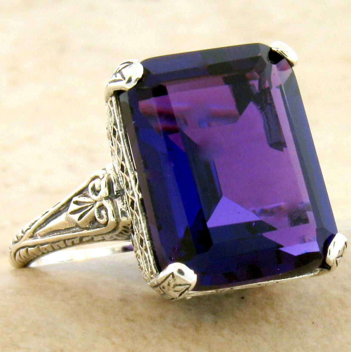 Antique Style 925 Sterling Silver 8 Carat Lab Amethyst Filigree Ring,       #933