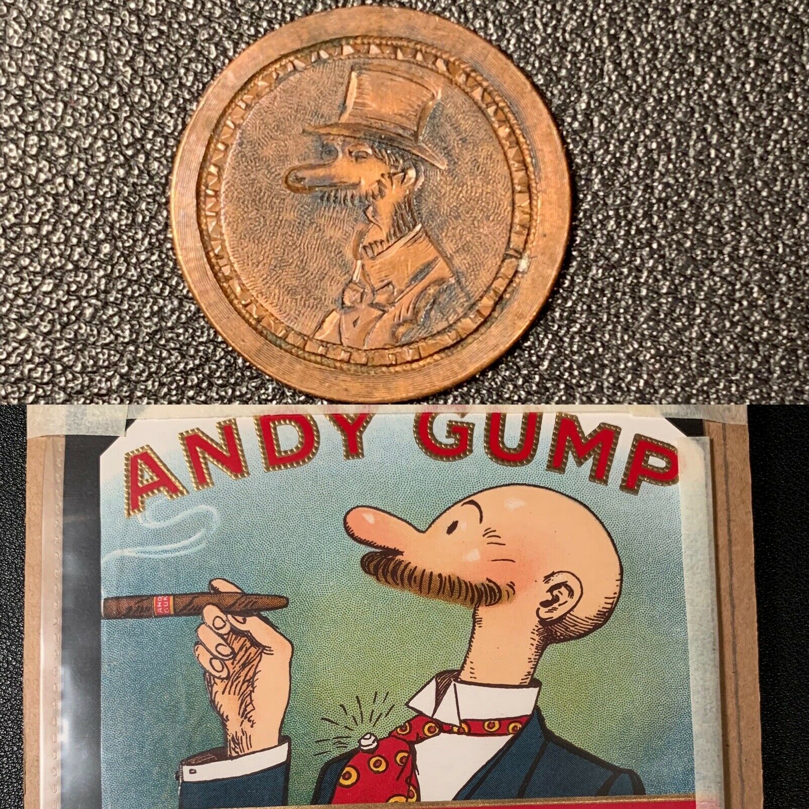 Portrait of Andy Gump Love Token and Cigar Box Advertisement RARE! Engraved Coin