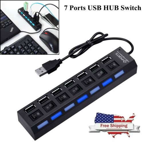 US 7 Port USB 2.0 HUB LED Powered High Speed Splitter Extender Cable Black