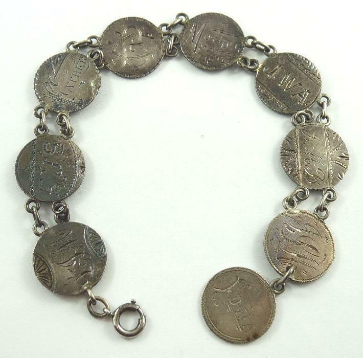 RARE Love Token Bracelet - 9 Engraved Canada 10 Cents Silver Coins c. 1902-1910